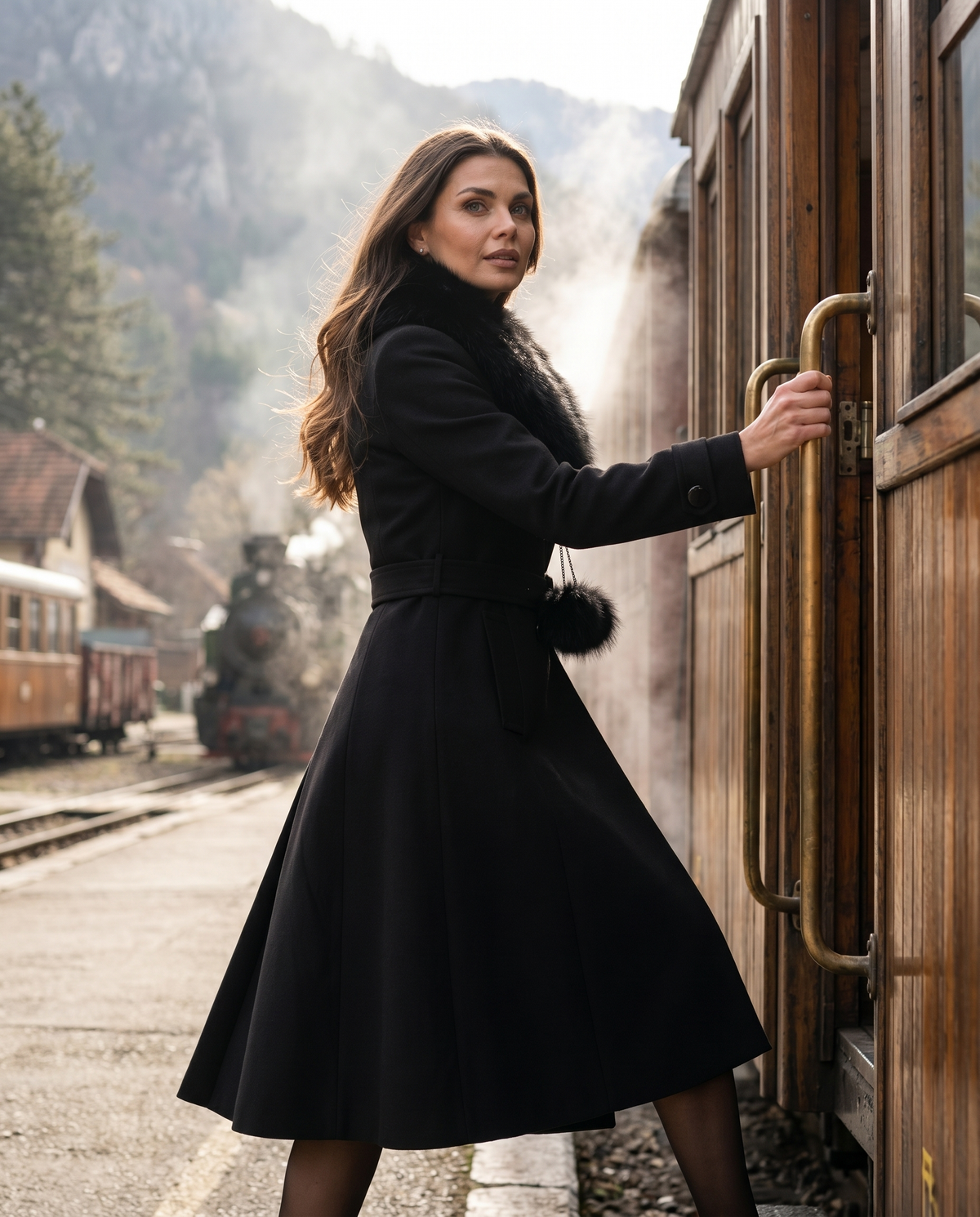 Black Wool Coat with Fur Collar, Lucy. Wool coat. Worn with the collar on, boarding a vintage wooden train carriage.