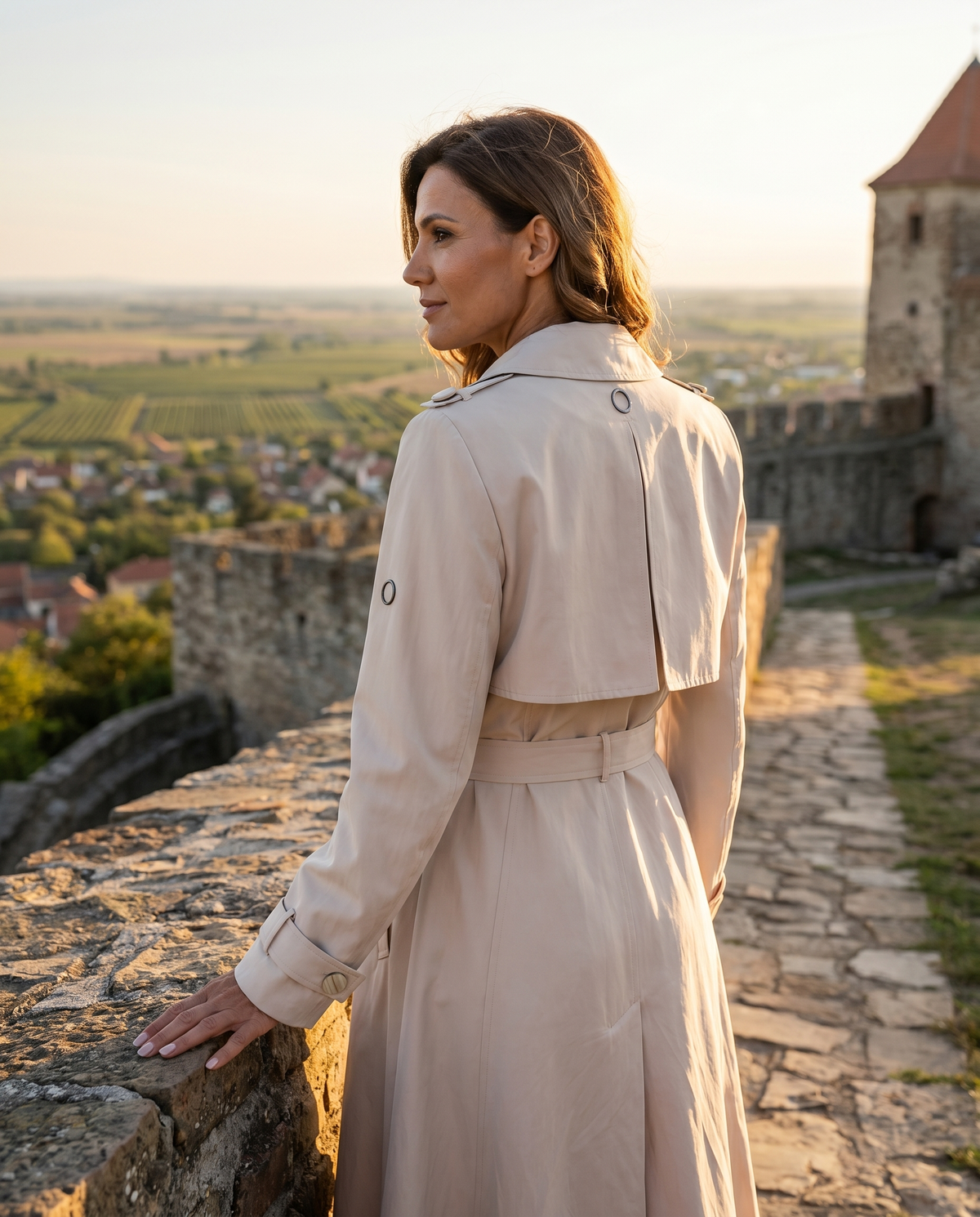 Beige Classic Long Coat, Kim. Back view on a fortress wall, showing the back storm flap, epaulettes, and buttoned sleeve strap.