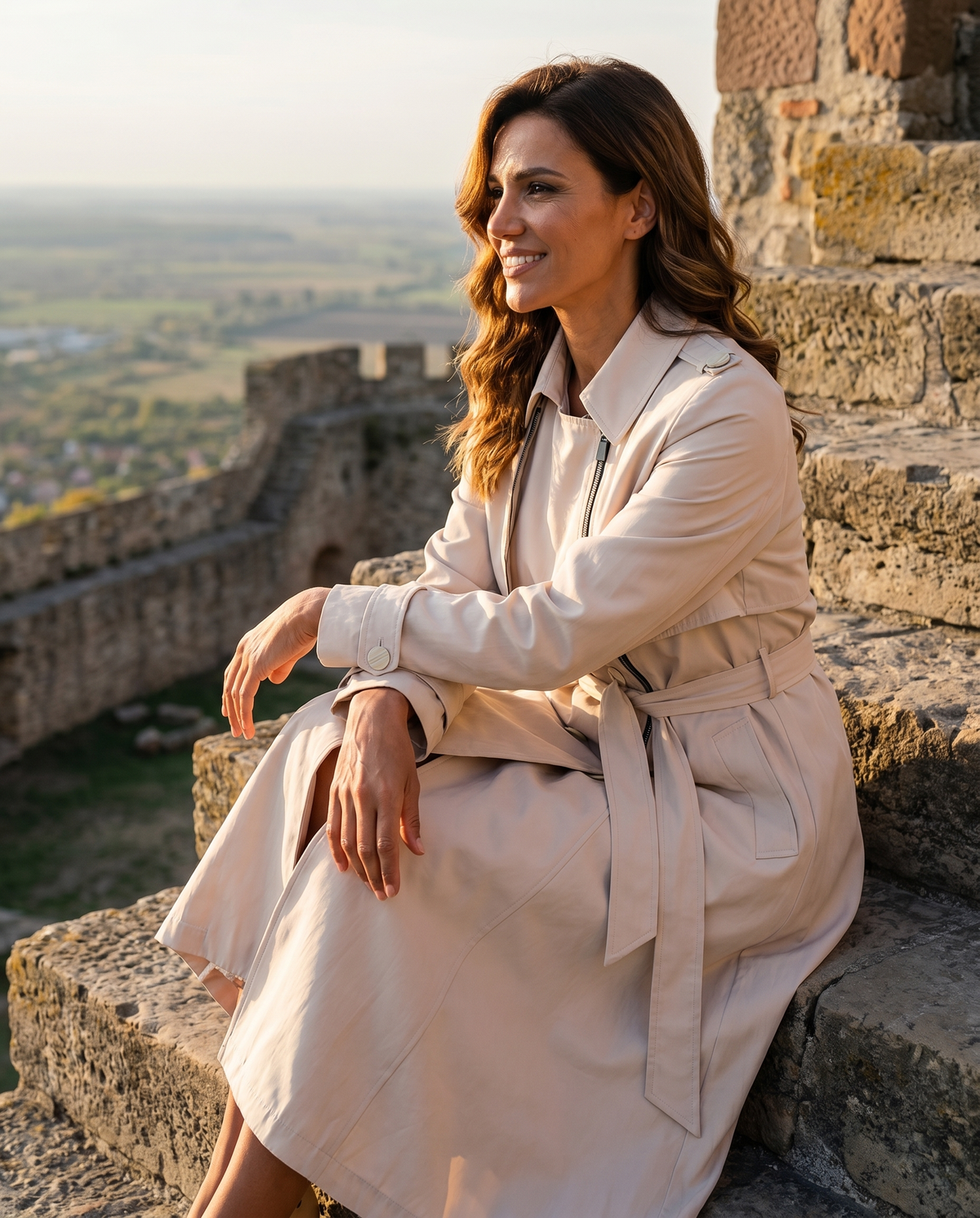 Beige Classic Long Coat, Kim. Worn closed with the belt tied, seated on stone fortress steps at golden hour.