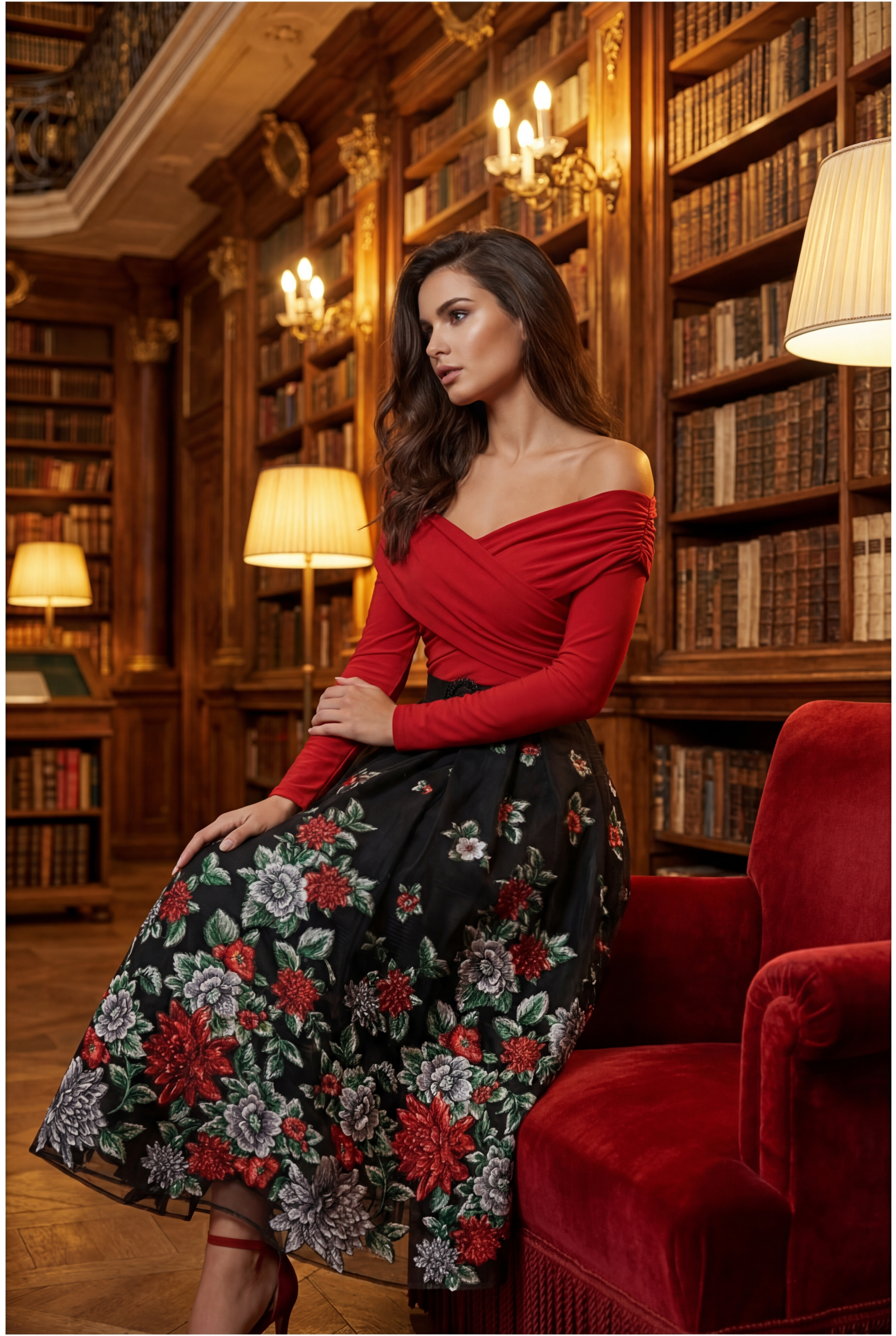 Woman in a red top and floral skirt sitting in a library.