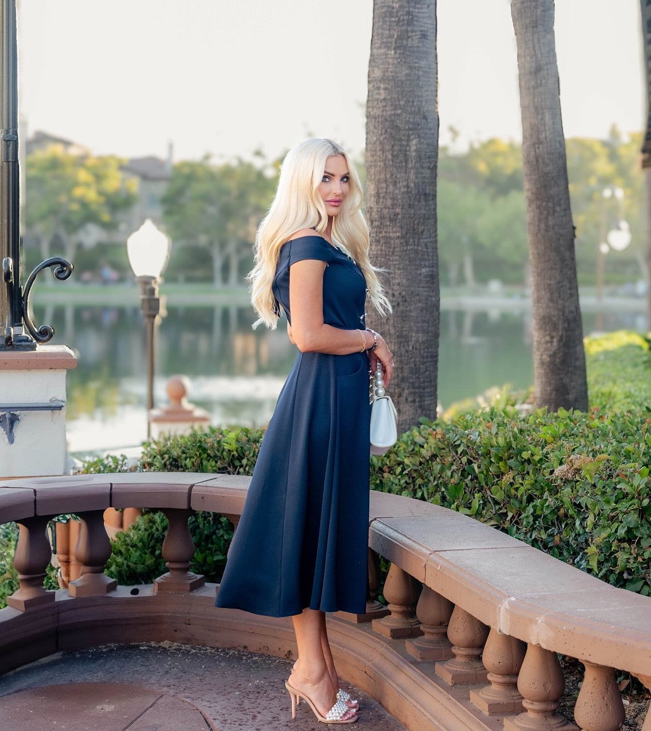 Navy off-shoulder midi dress for black-tie optional wedding and mother of the bride, Greta Luna Fashion House