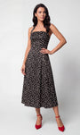Black Polka Dot Strapless Dress, Melissa. Satin corset midi dress. A-line silhouette.