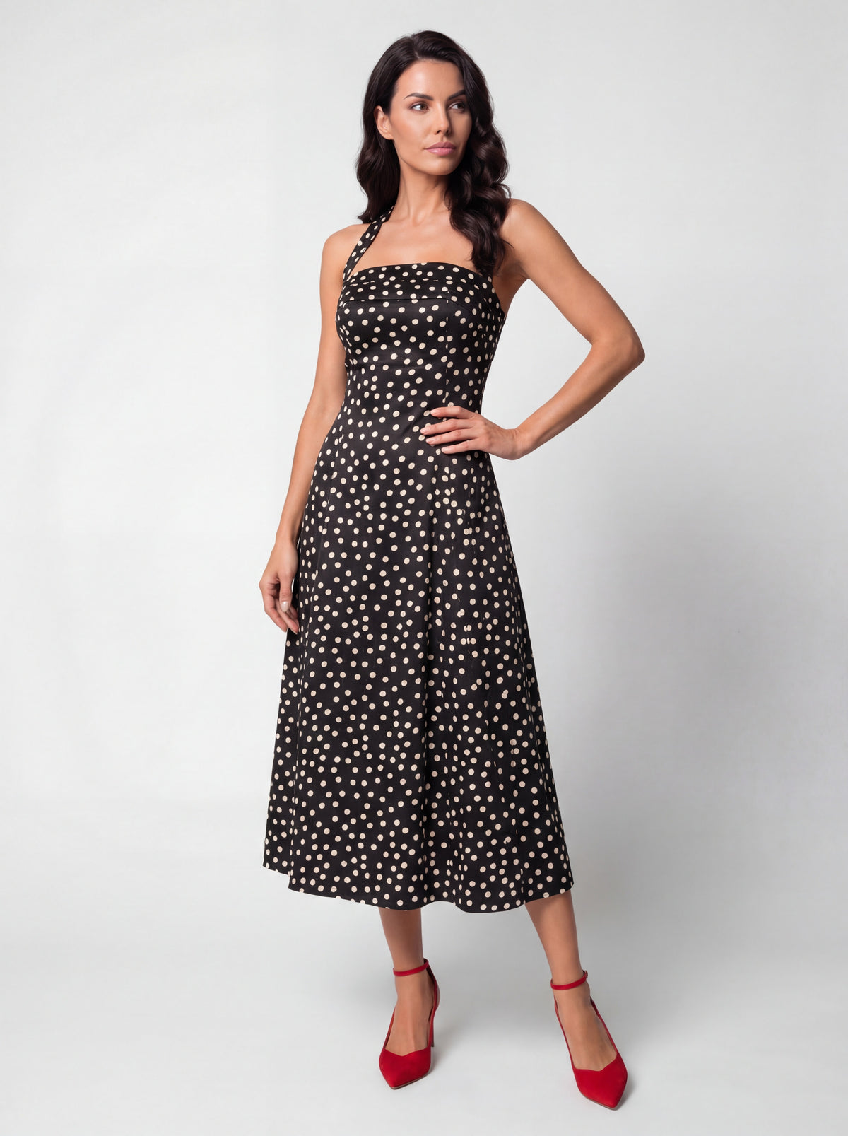 Black Polka Dot Strapless Dress, Melissa. Satin corset midi dress. A-line silhouette.