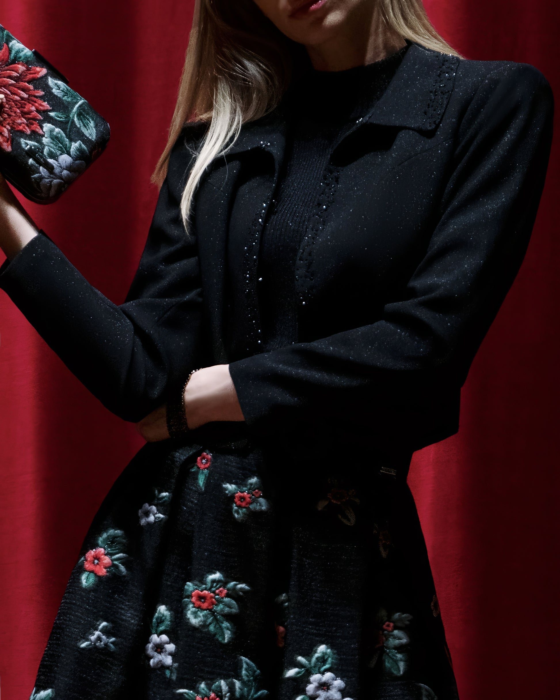 Regina Embroidered Midi Skirt in Noir Garden