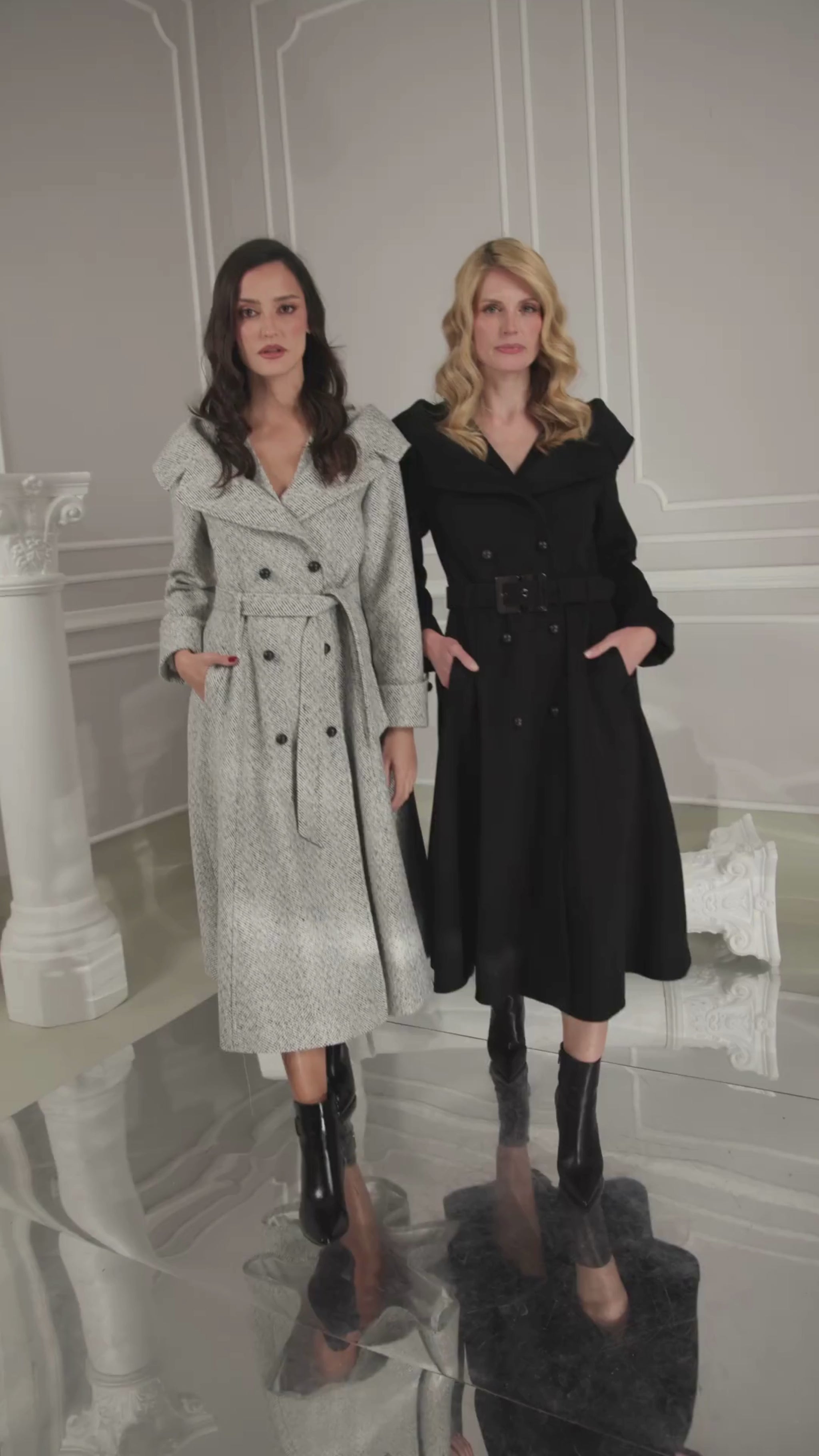 Women wearing a beautiful Luna Fashion House Nicole wool coat in gray and in black.